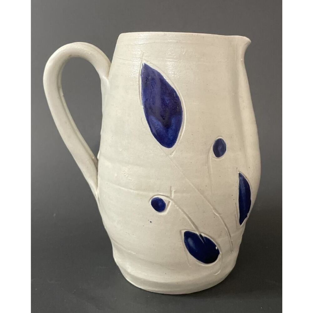 Vintage Williamsburg Pottery Pitcher Cobalt Blue Salt Glaze 6” Leaf Design